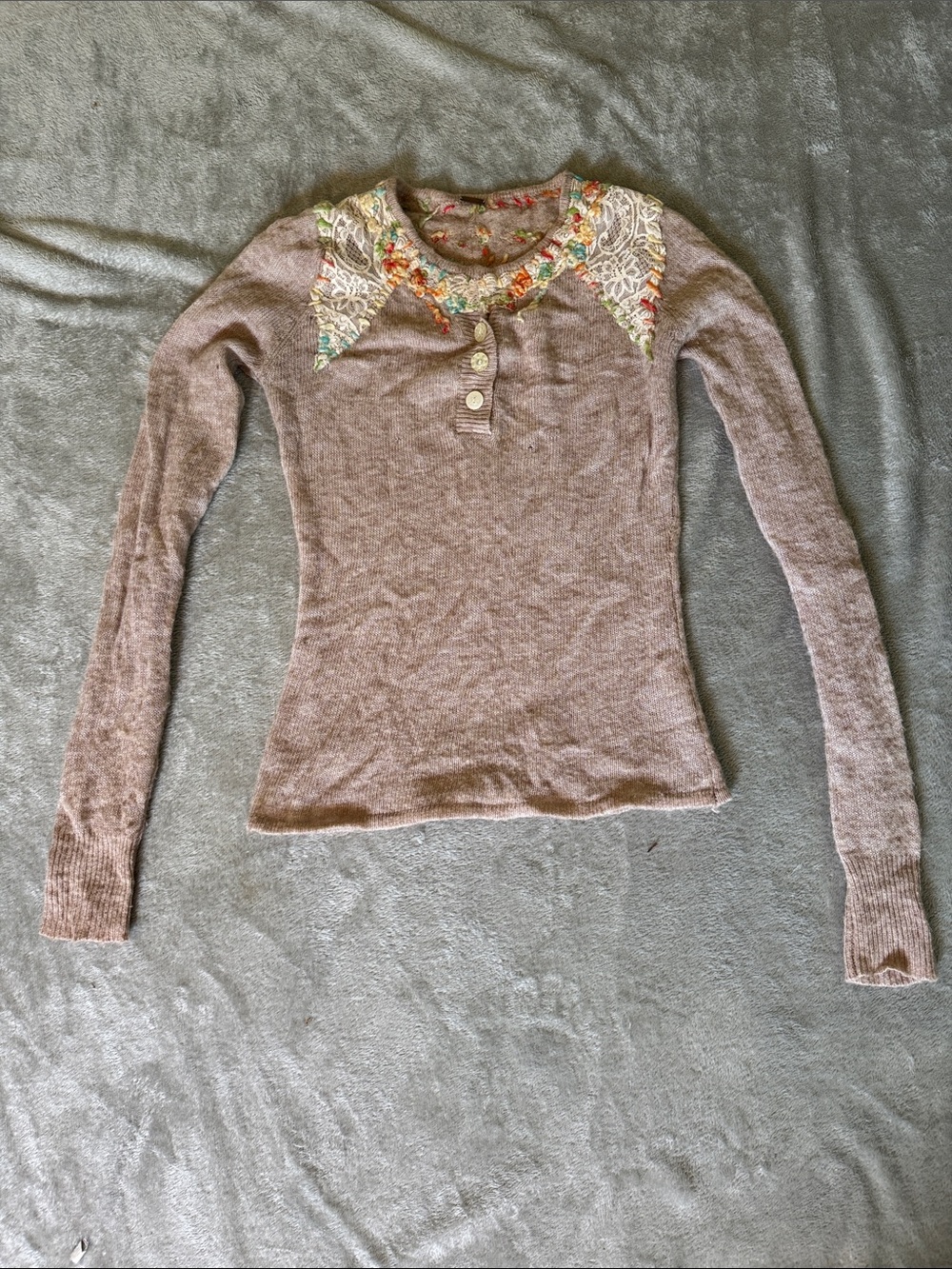 Free people Embellished Lace Yoke Long Sleeve Top - Taupe